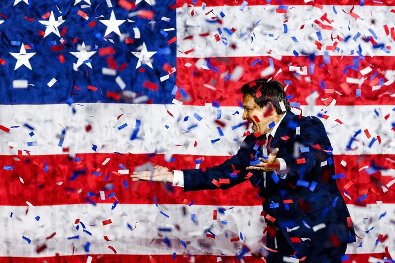 Florida's Republican governor Ron DeSantis celebrates after winning his race for re-election. Photograph: Scott McIntyre/The New York Times