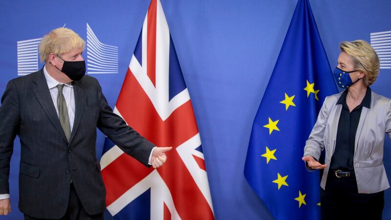 Britain’s prime minister Boris Johnson and European Commission President Ursula von der Leyen. Photograph: Olivier Hoslet/EPA