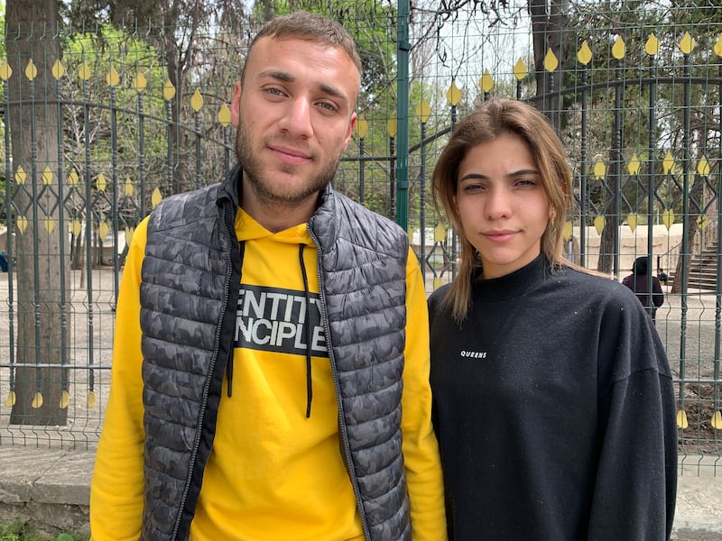 Emre and Rabia Armut are currently living in a tent in Atatürk Park, waiting for a temporary container home. Photograph: Lorraine Mallinder