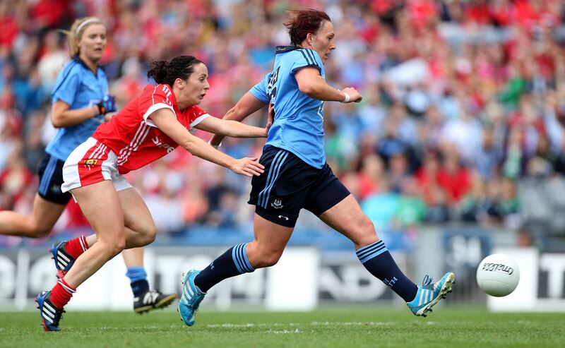 Dublin’s Lindsay Peat scores a  goal  against Cork during the 2014 All-Ireland women’s senior football final at Croke Park. Photograph: Ryan Moore/Inpho
