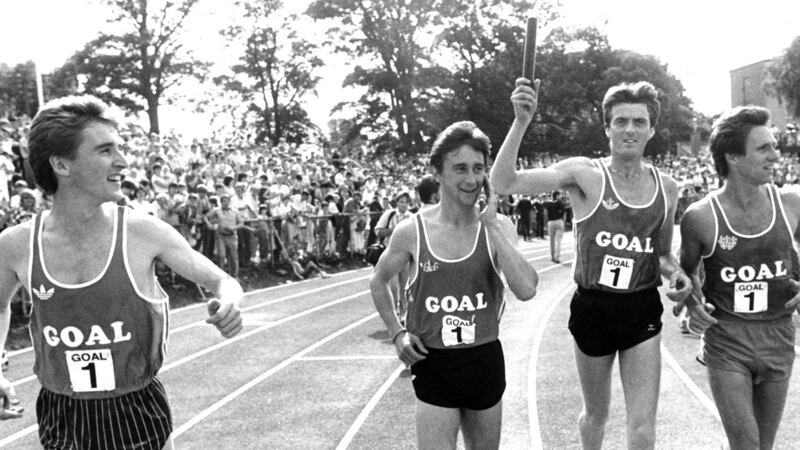 Ireland’s world record-breaking quartet on their lap of honour after setting a new time for the 4x1 mile relay at Belfleld onSaturday: Frank O’Mara , Marcus O’Sullivan , Ray Flynn and Eamonn Coghlan. Photograph: Dermot O’Shea