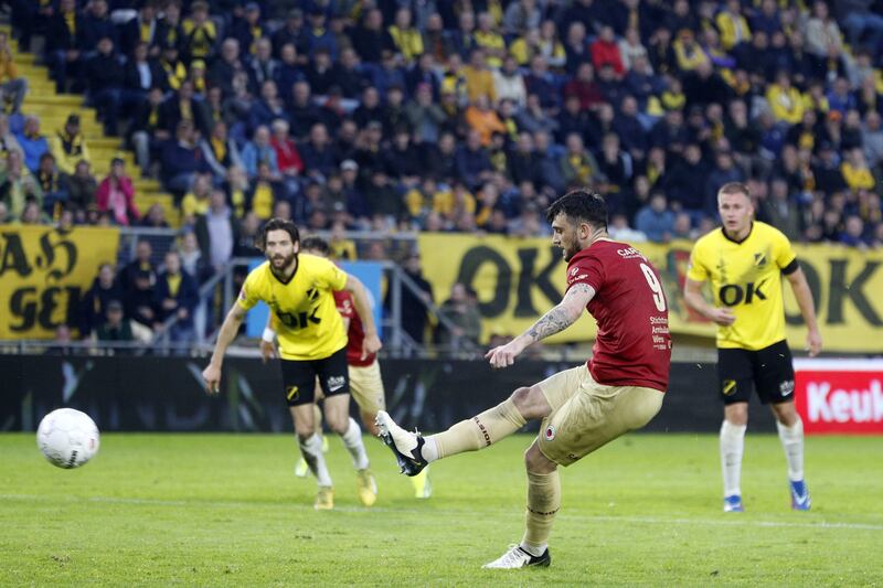 Troy Parrott scores for Excelsior during their 6-2 first-leg play-off defeat to NAC Breda at Rat Verlegh Stadium in the Netherlands on Tuesday. Photograph: ANP via Getty Images