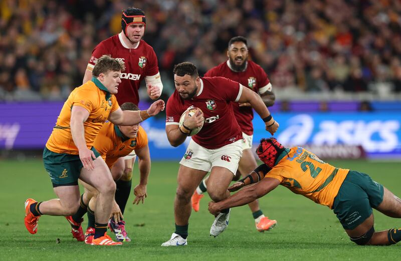 Ellis Genge is tackled Billy Pollard and Langi Gleeson of Australia. Photograph: David Rogers/Getty Images