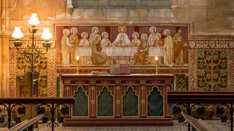 Memorial: mother-of-pearl and gold leaf are used in the mosaic behind the altar of the Last Supper, in the style of Leonardo da Vinci. Photograph: Dylan Vaughan