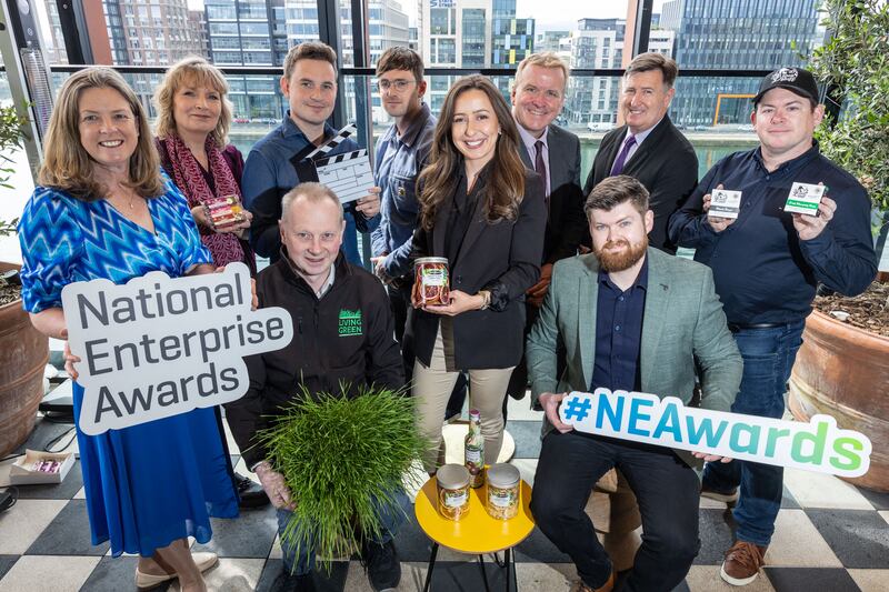 Carol Gibbons, Enterprise Ireland; Susan Robbins Fehilly, Wildberry Bakery; Neil Crossan, Living Green; Robert Higgins and Patrick McGiverny, Harp Media; Laura McCarthy, Drink Botanicals; Oisin Geoghegan, Local Enterprise Offices; Michael Mc Laughlin, Monaru; Anthony Flynn, CCMA and John Larkin, The Black Stuff. Photograph: Coalesce/Orla Murray