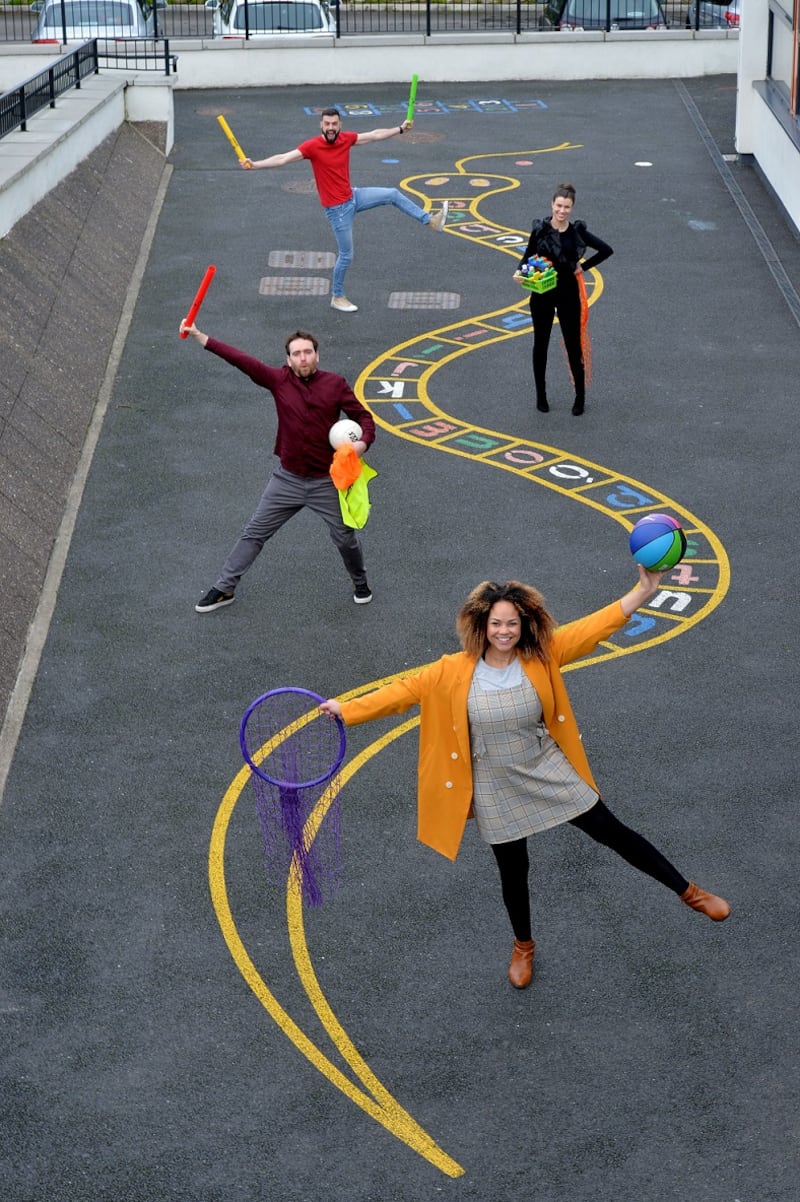 Emer O’Neill, Ray Cuiddihy, Clíona Ní Chiosáin and John Sharpson on the set of Home School Hub which was filmed and produced at Scoil Lorcain, Seapoint Blackrock. Photograph: Alan Betson
