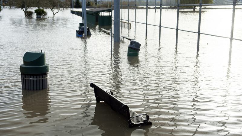 A submerged bench at Delair Park near the flooded Sumas Prairie in Abbotsford, British Columbia, Canada, on Wednesday, November 17th, 2021. Photographer: Taehoon Kim/Bloomberg