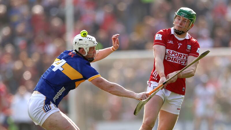 Tipperary’s Michael Breen and Cork's Cormac O’Brien in the Allianz Hurling League Division 1A final at Pairc Ui Chaoimh on April 6th. Photograph: James Crombie/Inpho