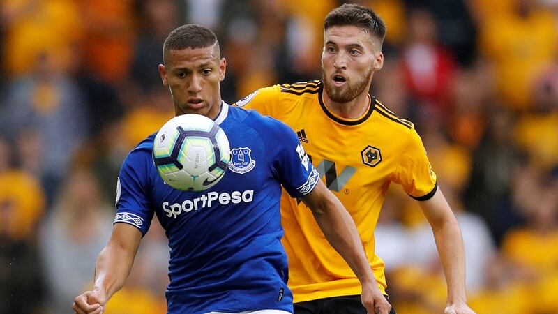Wolverhampton Wanderers’ Matt Doherty in action against Everton’s Richarlison in the Premier League game against Wolverhampton Wanderers at Molineux. Photograph: Darren Staples/Reuters