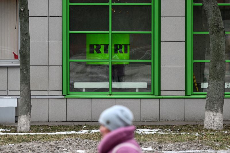 The logo of RT (Russia Today) television channel at the company headquarters in Moscow. Russia’s full-scale invasion of Ukraine in 2022  prompted the EU to ban RT and Sputnik. Photograph: Kirill Kudryavtsev/AFP via Getty Images