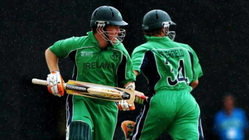 In action in the green of his native Ireland, Eoin Morgan. Photograph: Getty Images