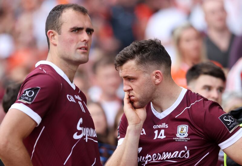 Galway's John Maher and Damien Comer dejected after the All-Ireland final loss to Armagh. Photograph: Bryan Keane/Inpho 