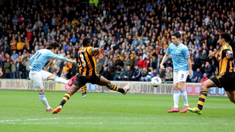 Manchester City’s David Silva scores his side’s first  at the KC Stadium. Photograph: Anna Gowthorpe/PA Wire