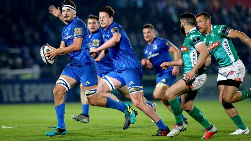 Max Deegan makes a break which led to a Leinste try during the Guinness Pro 14 game against  Benetton at the RDS. Photograph: Ryan Byrne/Inpho