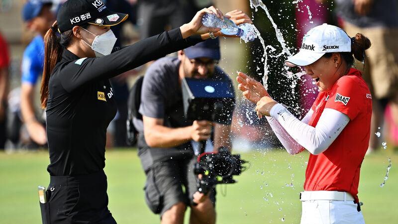 Tournament winner Minjee Lee of Australia celebrates on the 18th green after her playoff win against South Korea’s Jeongeun Lee6 in  the  Amundi Evian Championship at Evian Resort Golf Club, France. Photograph: Stuart Franklin/Getty Images