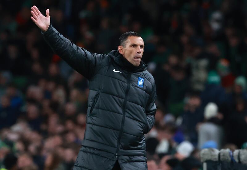 Greece manager Gus Poyet directs his side during the Euro 2024 qualifier against the Republic of Ireland. Photograph: Liam McBurney/PA Wire