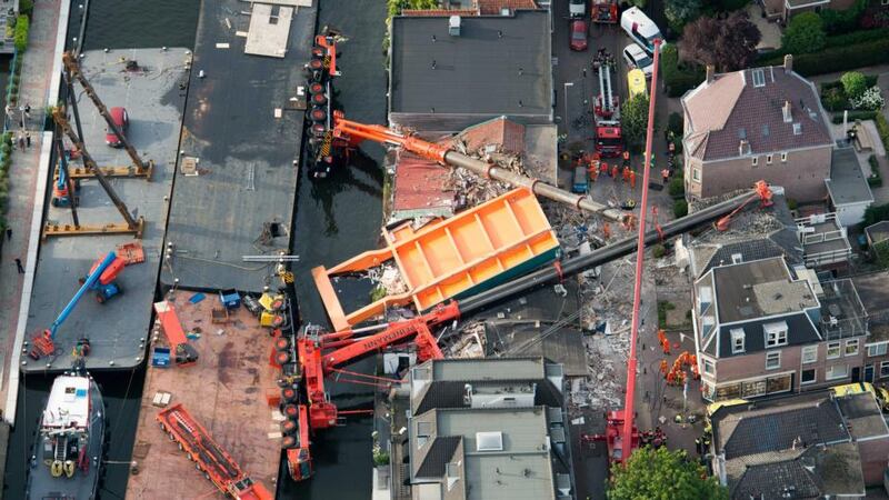 An aerial view of the area where two cranes fell. Photograph: Bram Van de Biezen/AFP