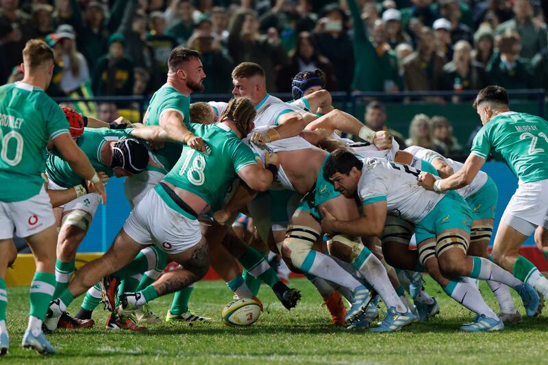 Ireland and South Africa compete in a scrum which led to a late penalty try for South Africa. Photograph: Marco Longari/AFP via Getty Images