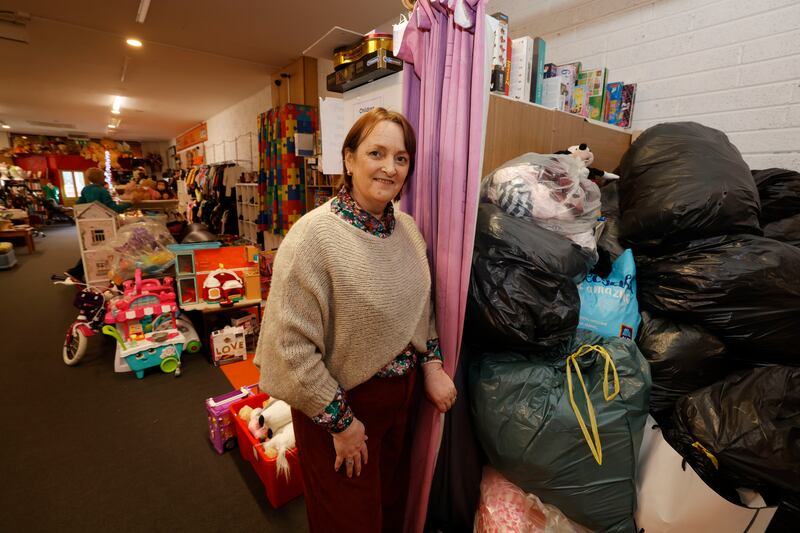 Martina Cooper at the Jack & Jill Foundation shop in Portlaoise with the large quantities of items donated for sale. 'It's cool now to buy second-hand'. Photograph: Alan Betson 