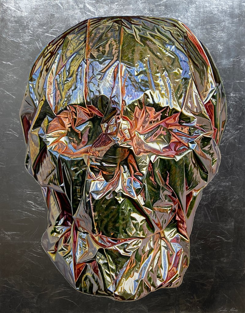 Gordon Harris, Metallic Skull (Pink), oil and silver leaf on board, 90x70cm, €6,900. It is one of the works that will be on show at the Gormley's exhibition.