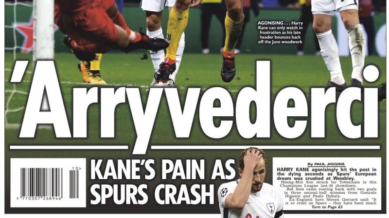 The Sun’s backpage following Tottenham’s Champions League exit at the hands of Juventus.