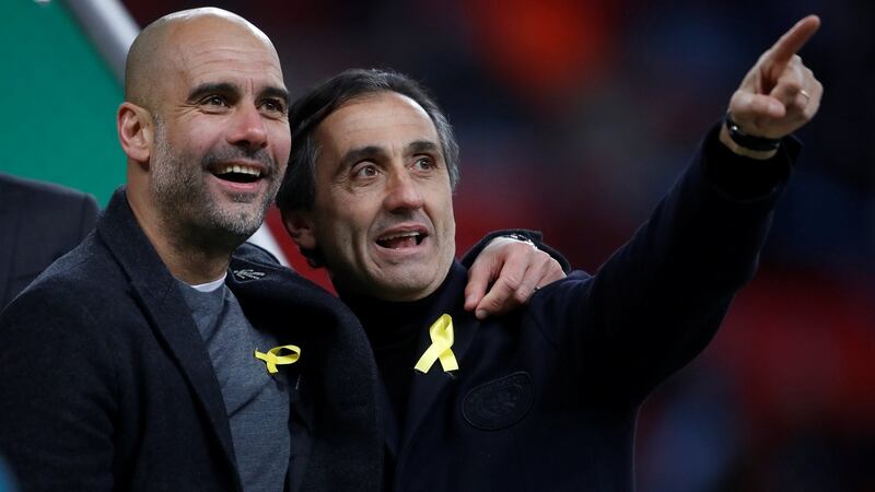 Pep Guardiola wore the yellow ribbon at Wembley and he said that, even if he was banned from the touchline by the FA, he would continue to do so. Photograph: Carl Recine/PA