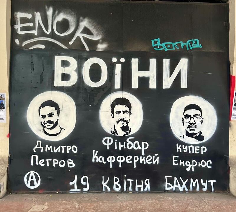 Graffiti in Odesa titled "Warriors" in tribute to Achill man Finbar Cafferkey, centre, anarchist activist Dmitry "Leshiy" Petrov and former US marine Cooper "Harris" Andrews, who were killed together in April fighting Russian forces in eastern Ukraine. Photograph courtesy of Yana Lysenko