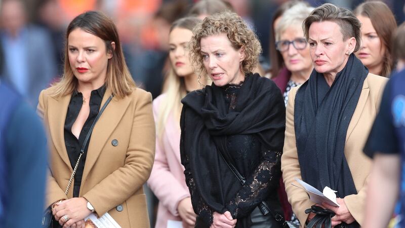 Fiona Donohoe follows her son Noah’s coffin  with her sisters Niamh (left) and Shona. Photograph: Stephen Davison/Pacemaker Press