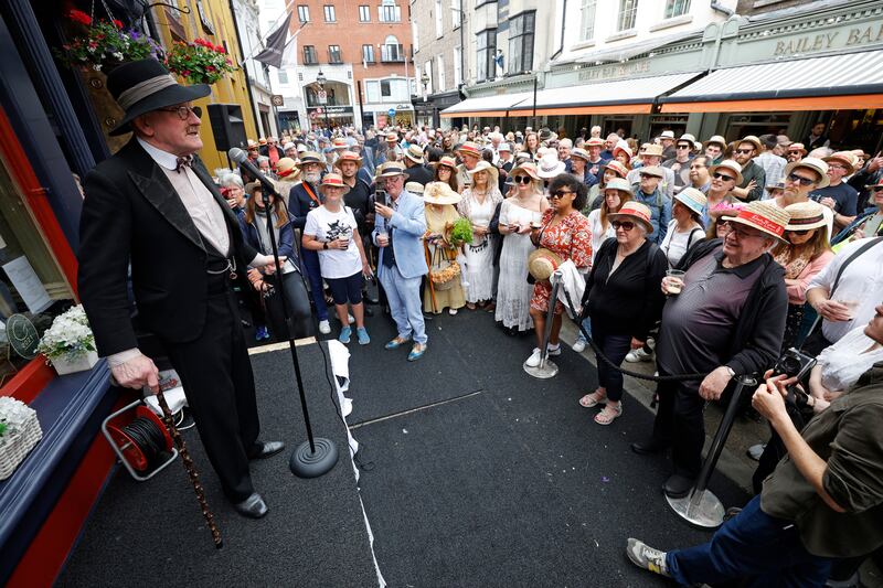 Dermot Lynskey as James Joyce near Davy Byrnes pub in Dublin. Photograph Nick Bradshaw for The Irish Times