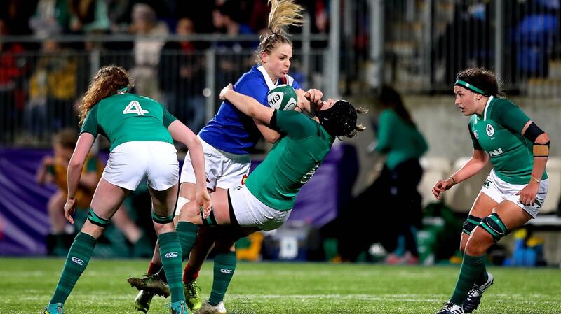 France’s Romane Menager leads with the arm into the face of Ireland’s Ciara Griffin and is sent off during the Women’s Six Nations match  at Donnybrook. Photograph: Ryan Byrne/Inpho