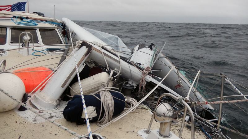 An image of the damaged  boat ‘Patriot’ off Inis Mór,  Co Galway. Photograph: John Lubimir.
