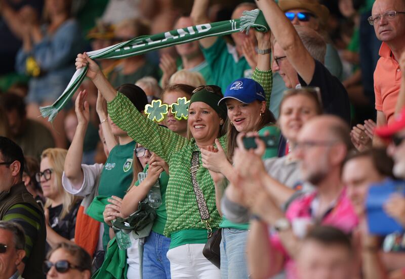 Ireland fans in the stands during the Women's Rugby World Cup Pool C victory against Japan at Franklin's Gardens, Northampton. Photograph: Joe Giddens/PA Wire