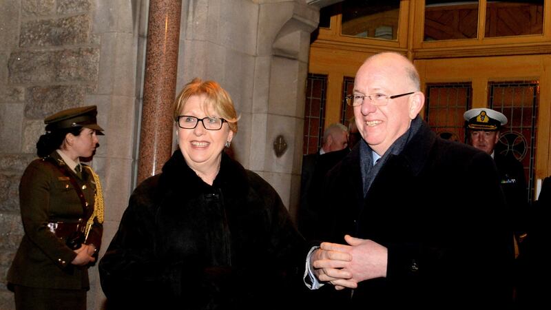 Former president Mary McAleese and Minister for Foreign Affairs Charlie Flanagan  at the removal of TK Whitaker. Photograph: Cyril Byrne
