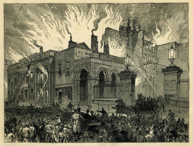 Theatre Royal Dublin: the fire that destroyed the first venue, in 1880, after an accident with a gas lamp at a matinee. From the Illustrated London News