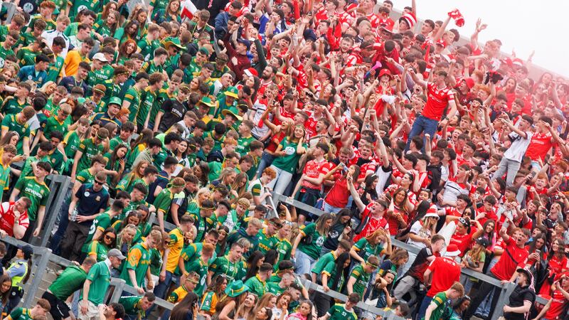 Louth fans in Hill 16 celebrate after the final whistle in the Leinster final against Meath. Photograph: Tom Maher/Inpho