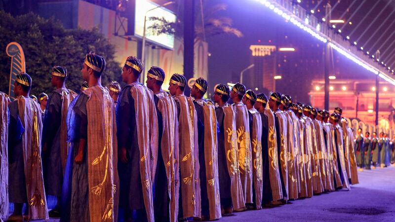 Performers in ancient Egyptian garb at the start of the parade. Photograph: Getty