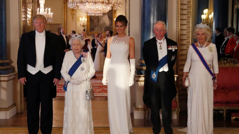 (left to right) Us president Donald Trump, Queen Elizabeth II, Melania Trump, the Prince of Wales and the Duchess of Cornwall, during a group photo ahead of the State Banquet at Buckingham Palace. Photograph: Alastair Grant/PA Wire