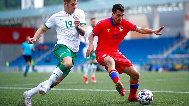 James Collins battles for the ball with Joan Cervos during Ireland’s win over Andorra. Photograph: Eric Alonso/Getty