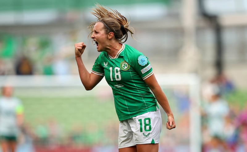 Republic of Ireland’s Kyra Carusa celebrates after scoring against Northern Ireland. Photograph: Ryan Byrne/Inpho 