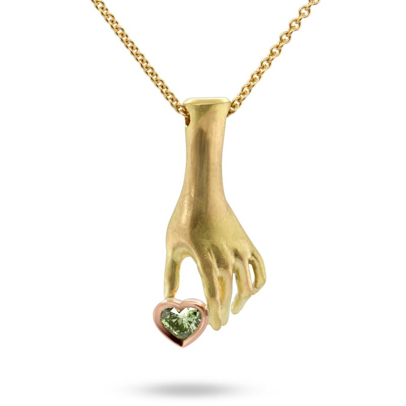 Yellow rose gold green heart diamond hand necklace