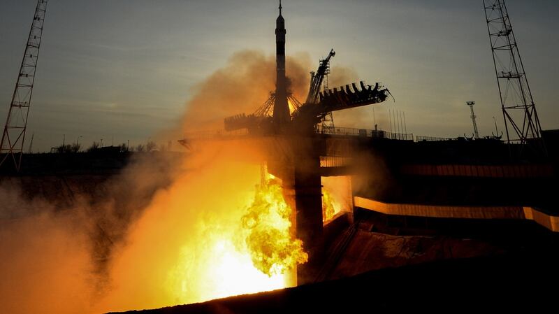 Russia’s Soyuz rocket blasts off from its launch pad at the Russian-leased Baikonur cosmodrome in Kazakhstan. Photograph: AFP Photo/ Kirill Kudryavtsev