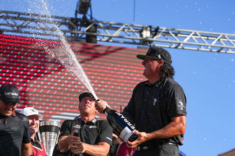 Pat Perez celebrates winning the team championship stroke-play round of the LIV Golf Invitational at Trump National Doral in Miami on October 30th, 2022. Photograph: Eric Espada/Getty Images