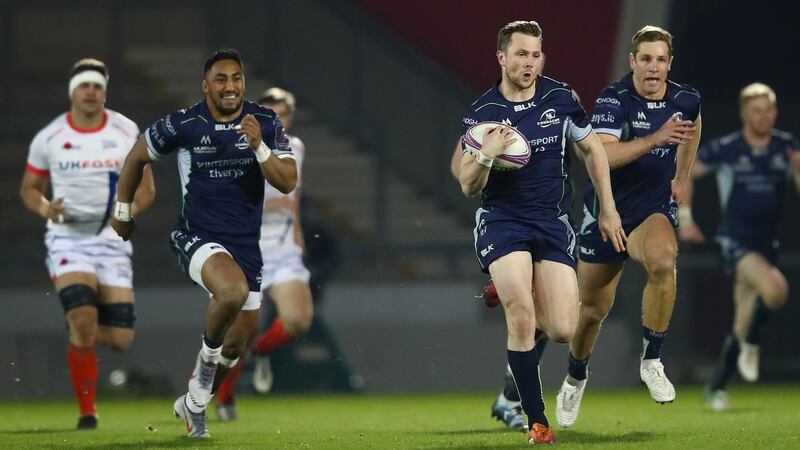 Connacht’s Jack Carty with Bundee Aki (left) and Kyle Godwin (right) in action against Sale Sharks last weekend. Photograph: James Crombie/Inpho