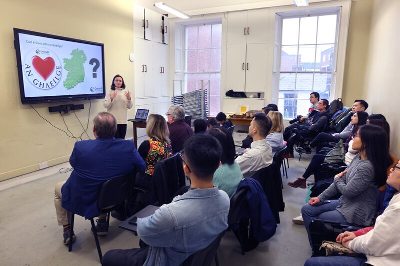 Aisling Ní Dhonnabháin, education executive, speaking at Conradh na Gaeilge as a graduation ceremony was held for Cantonese-speaking migrants who participated in lessons over the last three months to learn Irish. Photograph: Dara Mac Dónaill







