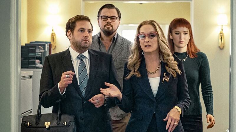Jonah Hil, Leonardo DiCaprio, Meryl Streep and Jennifer Lawrence in Don’t Look Up