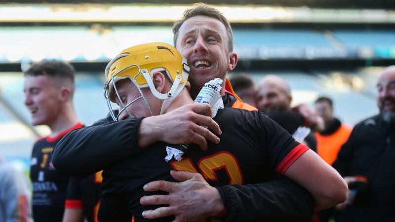 Ardscoil Rís  manager Niall Moran celebrates with Jack Golden after the win over St Kieran’s in the Masita All-Ireland Post Primary Schools Croke Cup Final at Croke Park. Photograph: Tom Maher/Inpho