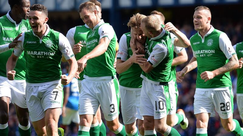 Vykintas Slivka of Hibernian celebrates scoring. Photo: Mark Runnacles/Getty Images