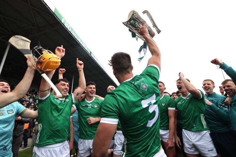 Dan Morrissey celebrates with the Mick Mackey Cup after Limerick's Munster final win over Clare at FBD Semple Stadium. Photograph: Bryan Keane/Inpho 