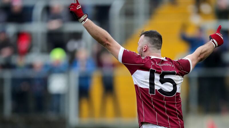 Mullinalaghta’s Aidan McElligott celebrates scoring a goal against Eire Og in the semi-finals. Photograph: Laszlo Geczo/Inpho