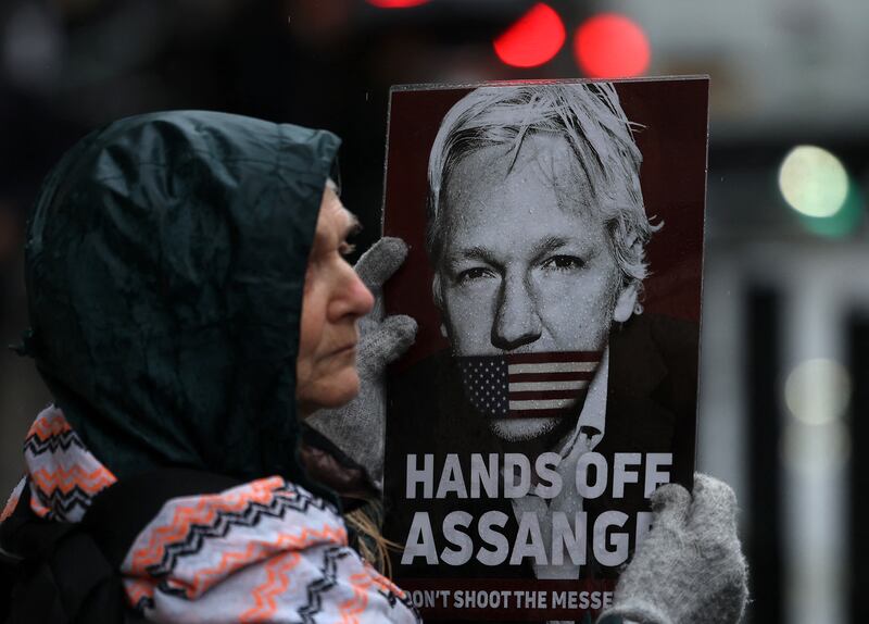 Demonstrators outside the high court in London on the second day of a UK appeal by WikiLeaks founder Julian Assange against his extradition to the US.  Photograph:  Daniel Leal/AFP via Getty Images
